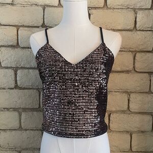 Olive Tree Black Sequin Crop‎ Top - Size Large Sparkly Party Cami